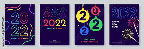 Happy New Year 2022 greeting card collection in neon colours. Posters template with minimalistic graphics and typography. Creative concept for banner, flyer, cover, social media. Vector illustration.