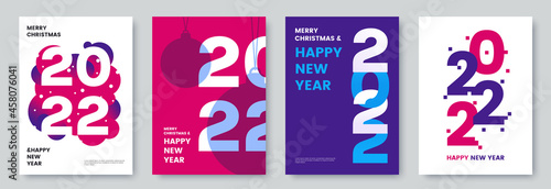 Happy New Year 2022 greeting card collection. Posters template with minimalistic graphics and typography. Creative concept for banner, flyer, branding, cover, social media. Vector illustration.