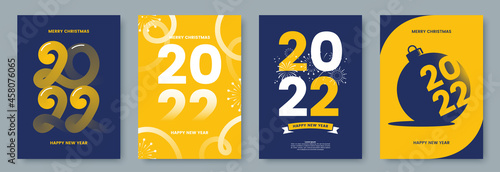 Happy New Year 2022 greeting card collection. Posters template with minimalistic graphics and typography. Creative concept for banner, flyer, branding, cover, social media. Vector illustration.