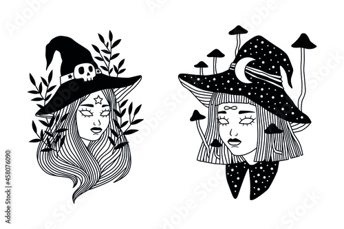 beautiful witch with long hair wearing traditional hat - halloween sorceress costume black and white vector portrait