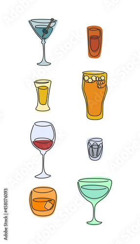 One line drawing martini rum tequila beer red wine vodka whiskey vermouth glass on white background. Colored cartoon graphic sketch. Continuous line way. Hand drawn party drinks. Freehand drawing.
