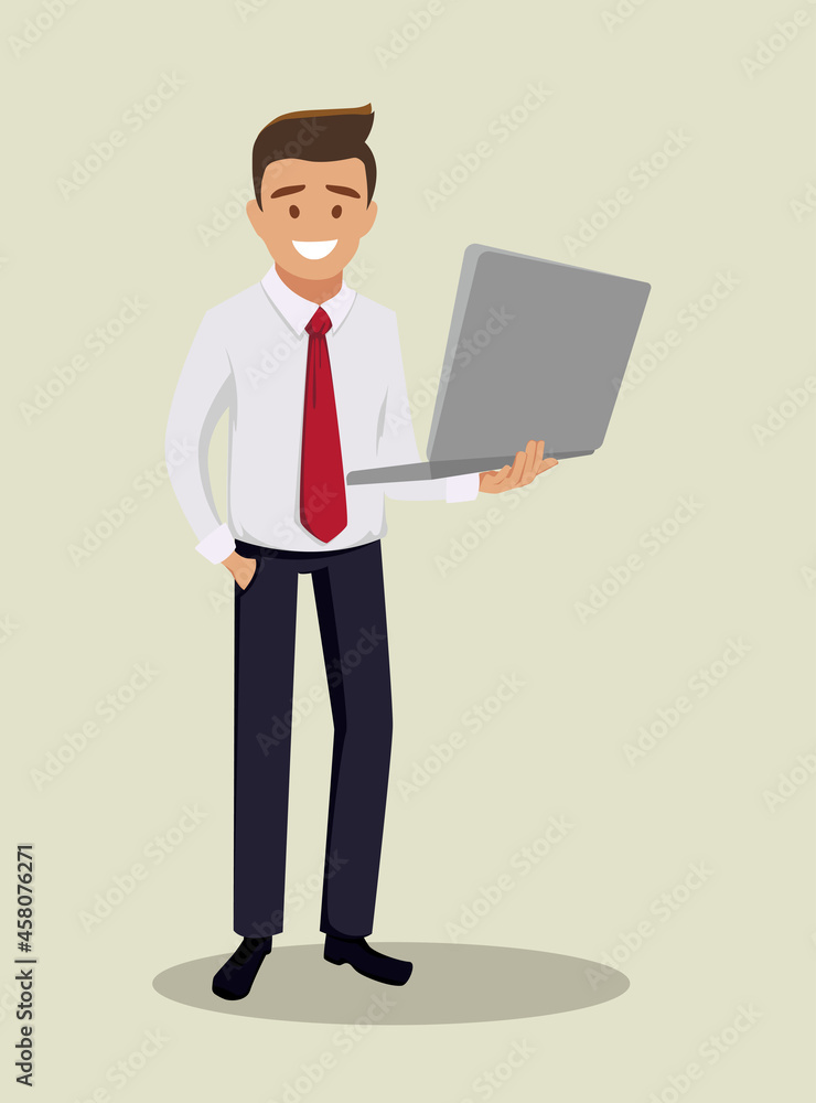 A businessman shows a laptop. Vector illustration.