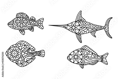 Coloring page for adult colouring book. Underwater world with stingray shoal, tropical fishes and ocean plants. Antistress freehand sketch drawing with doodle and zentangle elements.