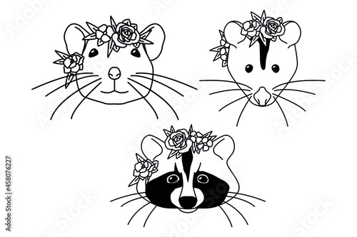Animals head is flowered, Lush bright wreath on a animal head, Symbol of India, Vector illustration of hand draw, Feshin symbol of the new year.