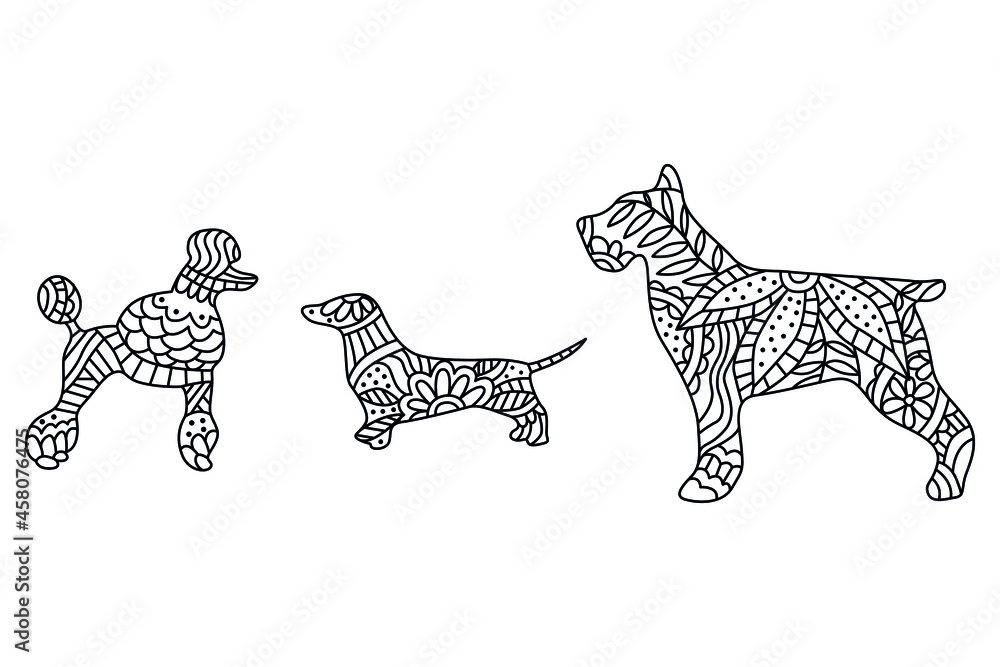 Naklejka premium Dogs zentangle stylized, vector, illustration, freehand pencil, hand drawn, pattern. Zen art. Black and white illustration on white background.