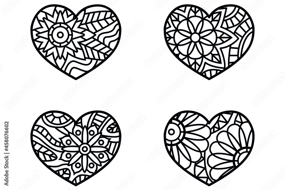 Zentangle heart. Mandala style design for St. Valentine day cards. Coloring book pattern. Vector black and white doodle illustration.