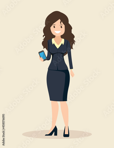 A smiling young woman holds a smartphone in her hand.