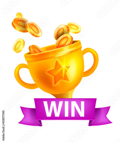 Game level up win icon, vector golden bonus cup casino rank reward, victory goblet badge, shiny coins. Success achievement award trophy, UI mobile RPG app surprise sticker, 3D gift. Winner game badge