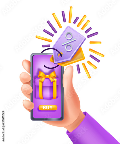 3D hand holding smartphone, vector online payment app concept, mobile sale purchase, gift box, tag. Internet shopping, loyalty program reward, SMM e-commerce customer present. 3D hand illustration