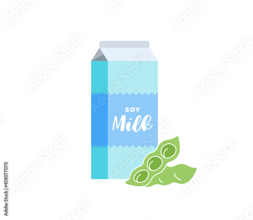 Soy milk cardboard box. Vegetarian lactose free drink package. Healthy vegan soya eco dairy beverage carton packaging. Isolated flat vector eps illustration