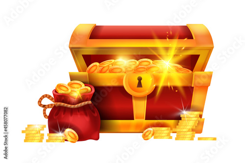 Golden treasure chest illustration, vector open pirate box, coin pile, red money sack isolated on white. Game achievement success gift, antique trunk, PRG UI winner bonus reward. Vintage golden chest