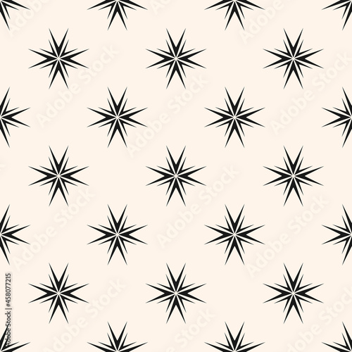 Vector modern geo floral ornament. Simple seamless pattern with small flower silhouettes, stars. Abstract minimal geometric texture. Black, white background. Design used for wallpaper, wrapping