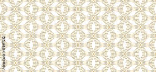 Floral wide geo grid pattern. Seamless minimalist linear gold ornament with flowers, diamond shapes. Abstract background. Vector luxury illustration used for design wallpaper, wrapping, print, cover © Olgastocker