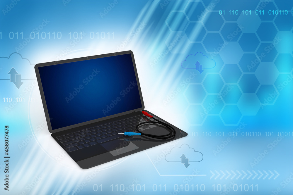 3d illustration laptop computer with aux rj 45 cables
3d illustration laptop computer with aux rj 45 cables