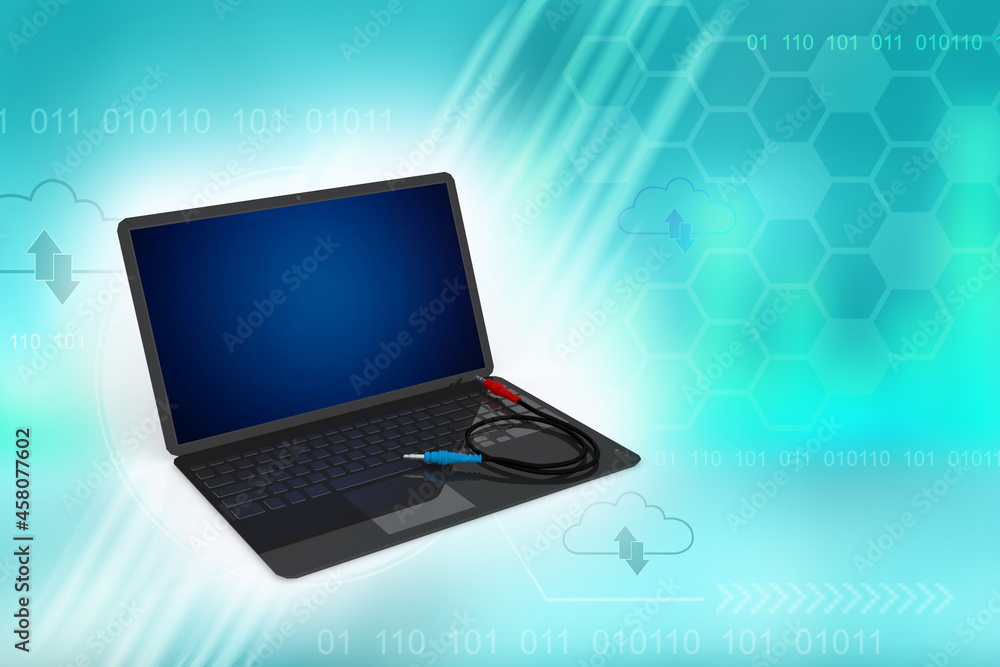 3d illustration laptop computer with aux rj 45 cables
3d illustration laptop computer with aux rj 45 cables