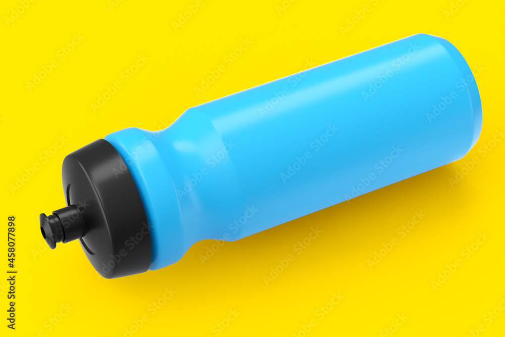 Blue plastic sport shaker for protein drink isolated on yellow background. Blue plastic sport shaker for protein drink isolated on yellow background.