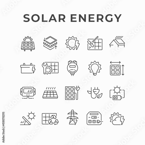 Photovoltaics solar panel generating electricity icon design. Solar power station, alternative energy line vector icons. Green renewable energy and sustainability development