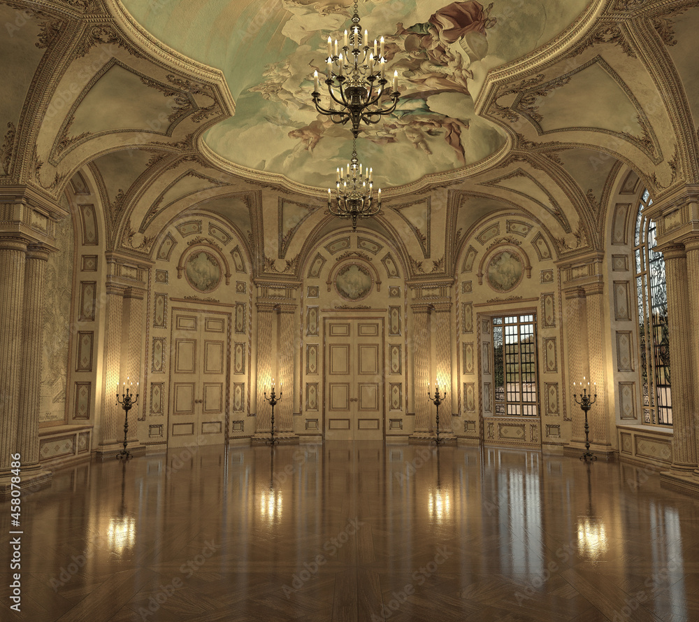 3d render of a luxury palace interior decorated with classic painting and golden ornament