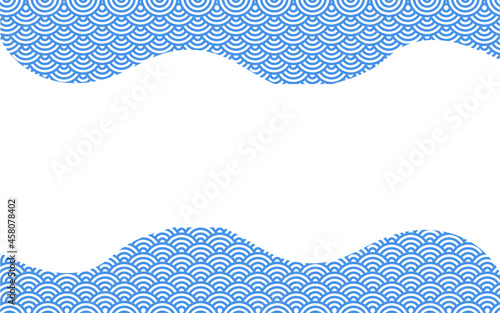 青色の青海波、ウェーブ上下フレーム背景