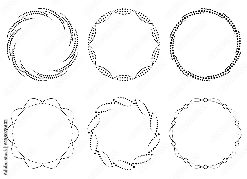Set of decorative frames. Ornaments made of dots. Round pattern. Circle shapes. Design background for invitations and holiday cards.
