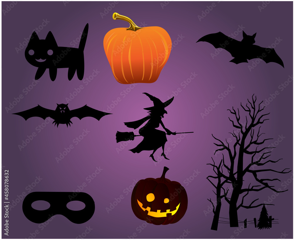 Obraz premium Abstract Happy Halloween Holiday Vector Objects Cat Bat and Ghost