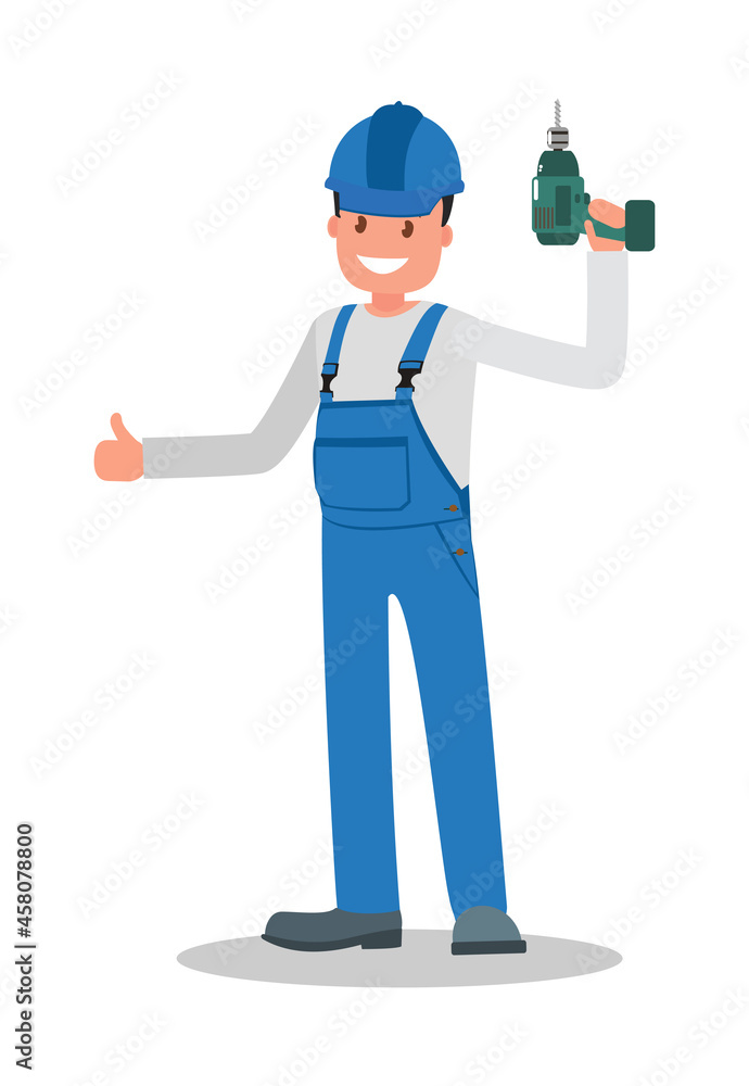 A man is a construction worker in overalls in the workplace with a tool in his hands. A man is a construction worker in overalls in the workplace with a tool in his hands.