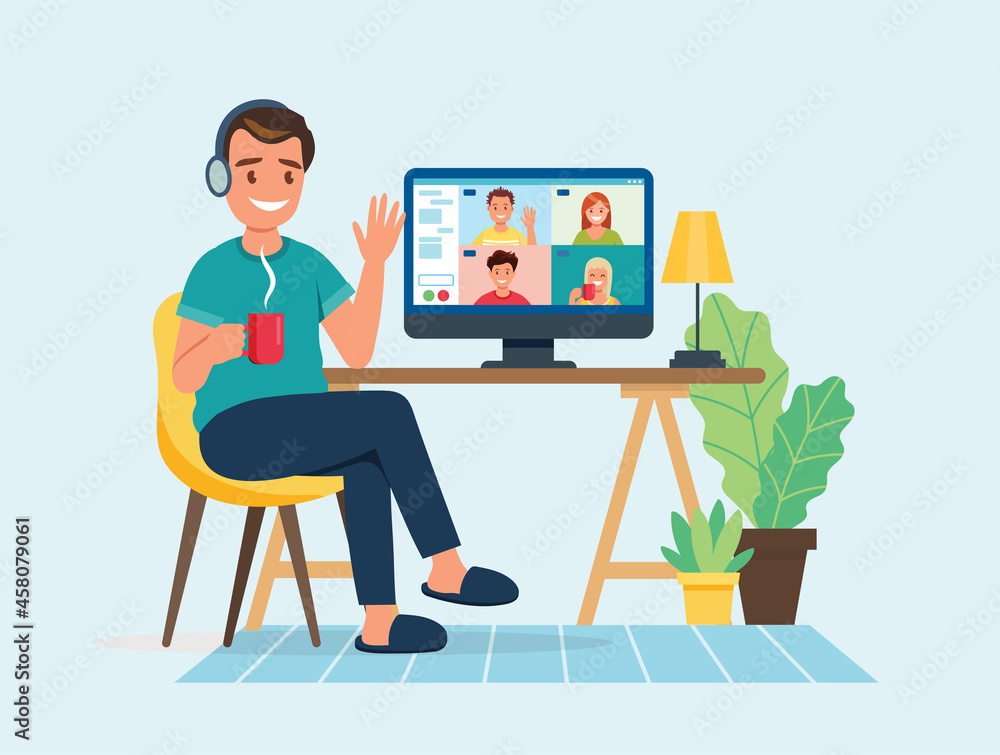 Online meeting via group call. Man talking to friends in video conference. Vector illustration.