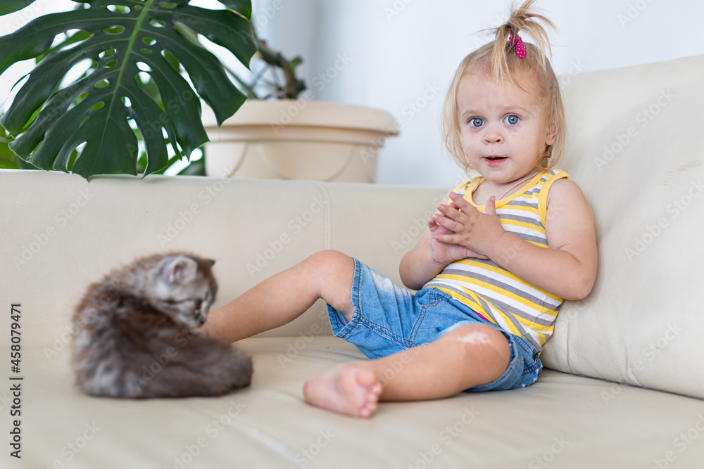 Baby playing with a little kitten Baby playing with a little kitten