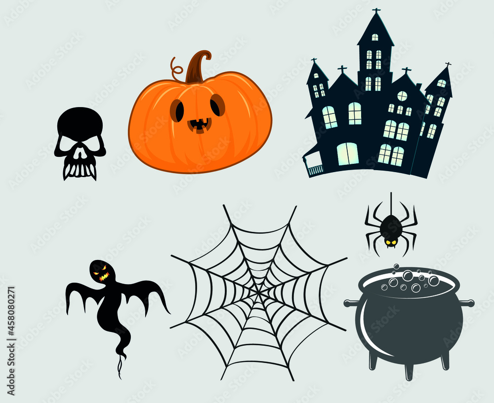 Obraz premium Abstract Happy Halloween Holiday Vector Objects Spider with Pumpkin Bat and Ghost