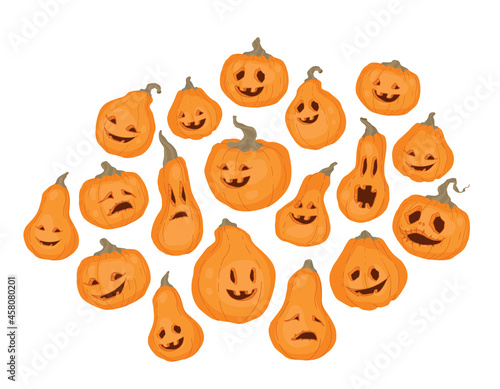 Pumpkin, Jack the lantern set. Autumn decorative design, Halloween. Isolated vector colorful element on a white background.