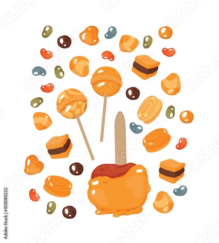 Caramel. Toffee. Lollipops. An apple in caramel. Jelly candies. Isolated vector colorful element on a white background.