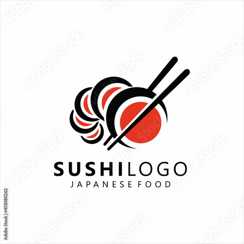 Sushi and rolls with chopstick bar or restaurant vector logo template. Japanese or chinese traditional cuisine.