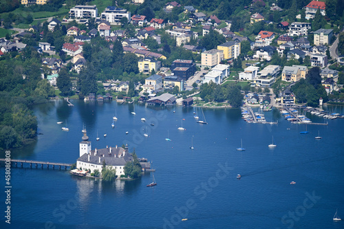 Panoramic view of castle Schloss Ort Orth on lake Traunsee in Gmunden Upper Austria