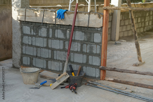 construction tools, masonry equipment on the construction site