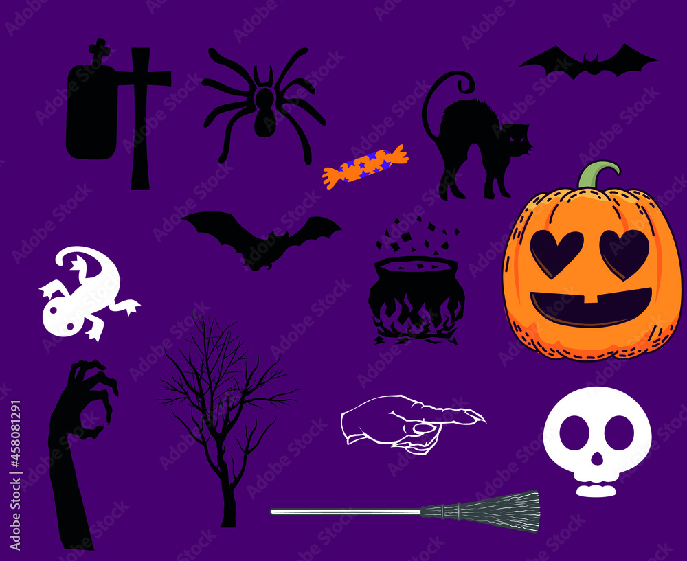 Objects Happy Halloween Holiday Vector with Bat Tomb and Ghost Cat Spider
