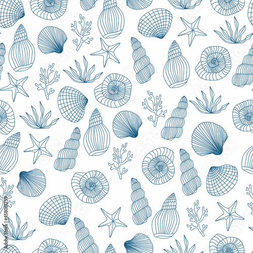 Obraz na płótnie Seamless sea pattern with shell, starfish, seashell, coral, algae, seaweed