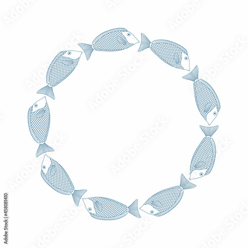 Vector round frame with fishes. Line sea borders. Vector isolated illustration.