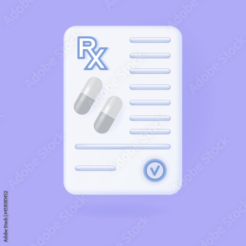 3d prescription pad rx paper. Doctor's form, diagnosis, medical list with medications. The concept of prescribing a dose of pills, capsule with signature on a prescription, receipt.Vector illustratior photo