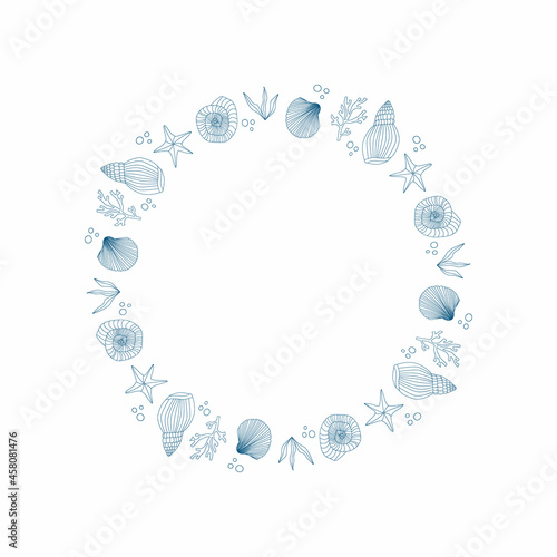 Nautical circle frame with shell, bubble, algae, seaweed, coral, starfish. Vector isolated illustration.