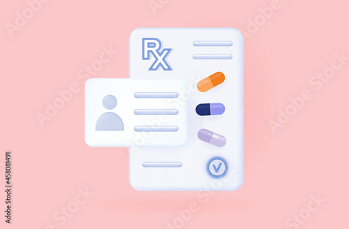 3d prescription pad rx with a patient card. Check, diagnosis, medical paper form with medications. The concept of prescribing a dose of pills, capsule with signature on a prescription, receipt.Vector