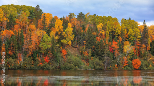 Panoramic view of colorful fall foliage along Saint Maurice river in Quebec, Canada