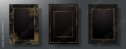 A set of three. Gold frame and leaves. Dark theme. Shine of metal on a dark background. Vector illustration.