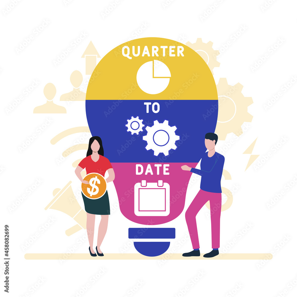 Flat design with people. QTD - Quarter To Date acronym. business concept background. Vector illustration for website banner, marketing materials, business presentation, online advertising Flat design with people. QTD - Quarter To Date acronym. business concept background. Vector illustration for website banner, marketing materials, business presentation, online advertising