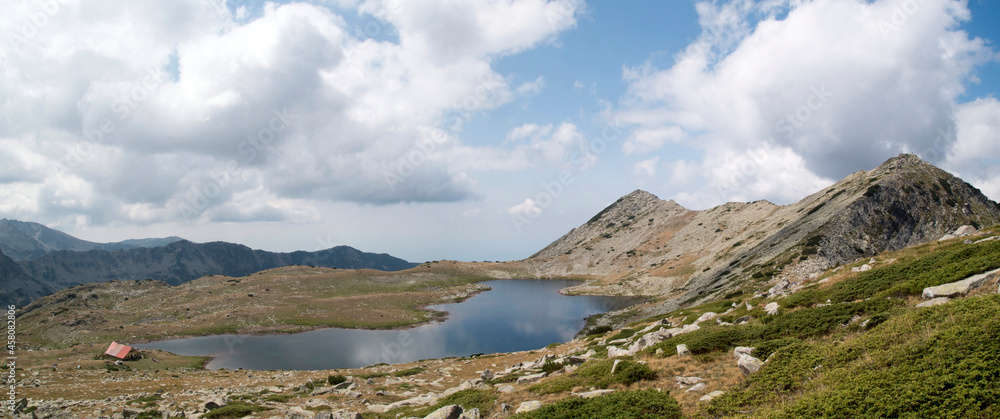 View to shelter Tevno lake and Valyavishki Chukar peak in Pirin National Park, Bulgaria