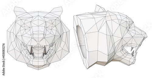 wireframe low poly tiger head in profile and full face, 3d render