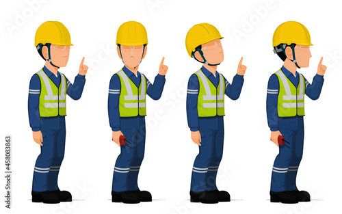 set of worker is pointing to something on white background