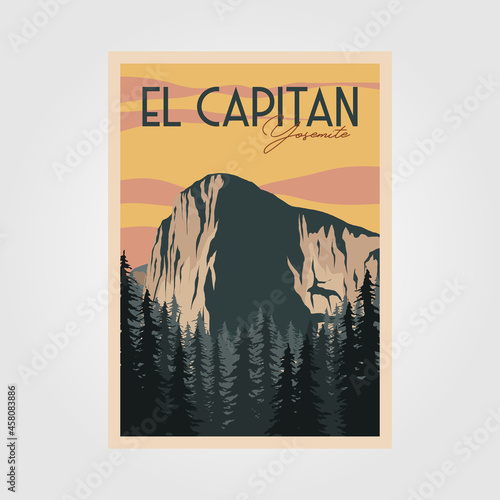 el capitan in yosemite vintage poster illustration design, yosemite travel print national park design