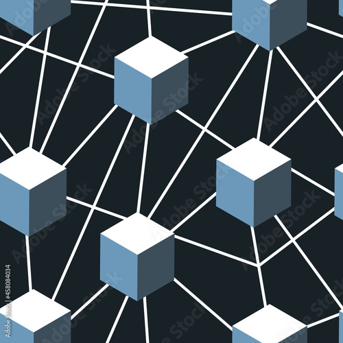 Blockchain Network. Seamless Vector Background. Blocks interconnected with Lines. Seamless Network of Connected Blocks or Cubes.