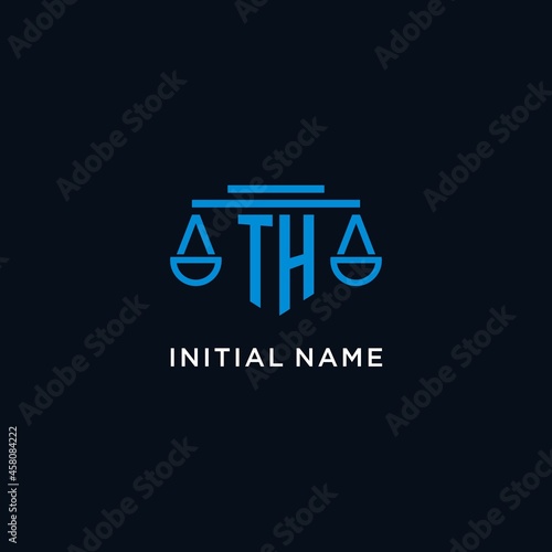TH monogram initial logo with scales of justice icon design inspiration