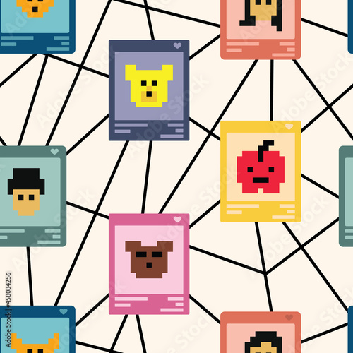 Pixel Art NFT Collectibles Background. Blockchain Network of Crypto Art NFT- Non Fungible Tokens on Marketplace. Vector Seamless Illustration